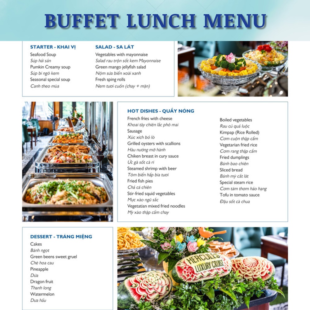 Menu buffet tour du thuyền Hạ Long 1 ngày Hercules Premium